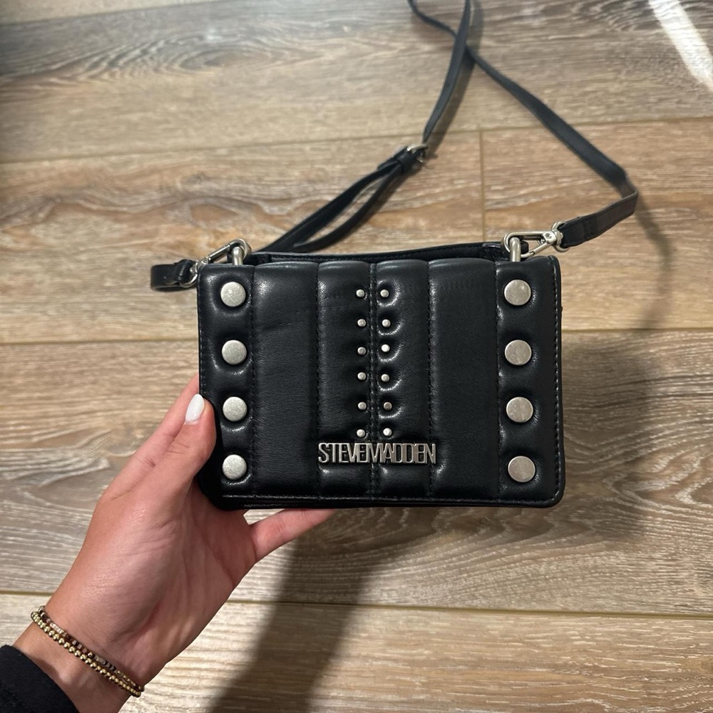 Steve Madden Black Stud-Accent Quilted Crossbody